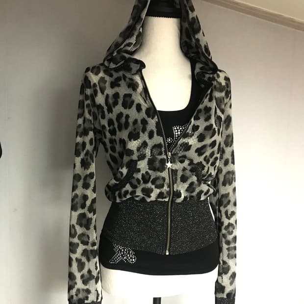 Leopard Mesh Glitter Zip-up Hoodie