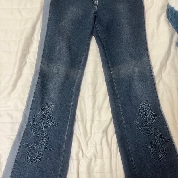 와이즈걸 오리엔탈 그런지 페어리 y2k 용 자수 데님 팬츠