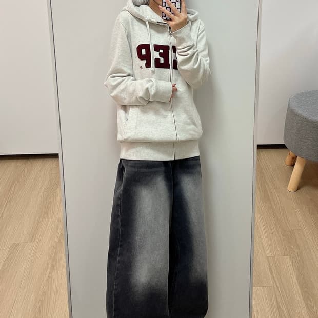 지프 버건디 자수로고 오트밀 후드집업