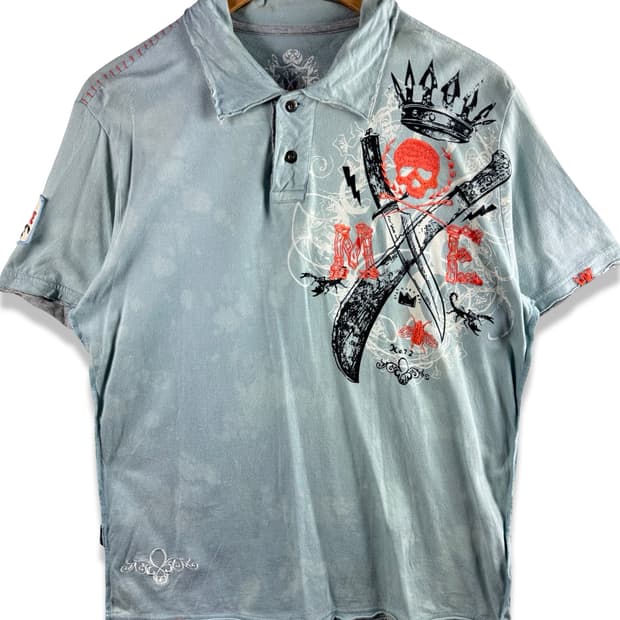 JPN Y2K 스컬 패치 하늘 카라티셔츠2397