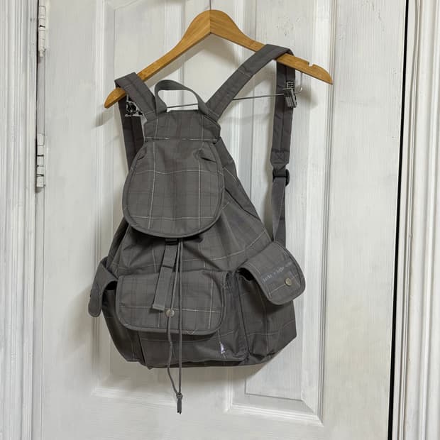 이스트보이 그레이 체크 백팩 배낭 복조리 스트링 가방 일본 모리걸 빈티지