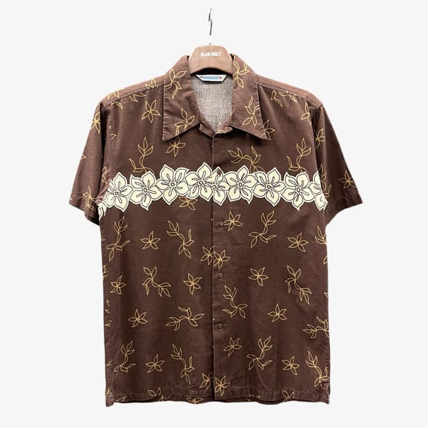 USA VINTAGE 플라워 패턴 오픈 카라 하와이안 반팔 셔츠 브라운