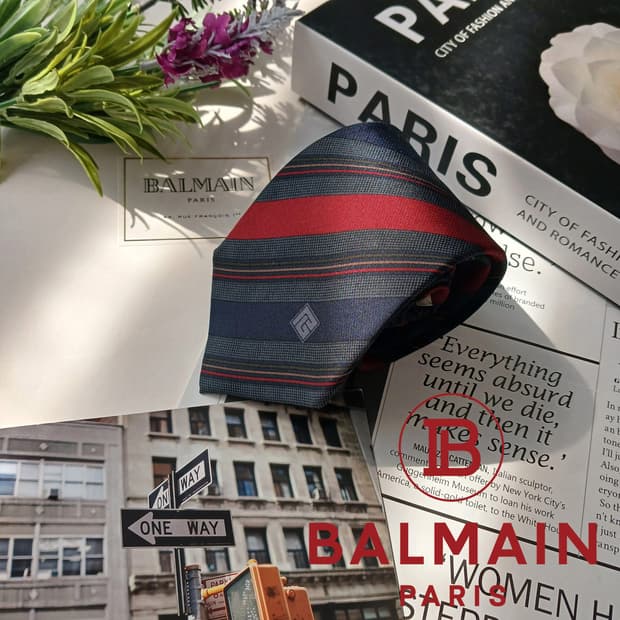 피에르 발망 실크 네이비 스트라이프 넥타이 8.4cm A등급 E820