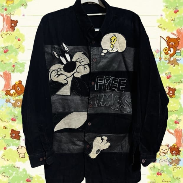 빈티지 루니툰 실베스터,트위티 가죽 패치 셔츠 자켓