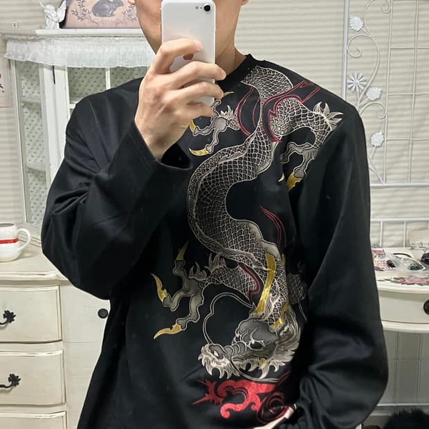 빈티지 오리엔탈 골든 펄 드래곤 긴팔 898 y2k 스트릿 모리 갸루 일