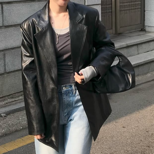 르 오버핏 레더 자켓 블랙