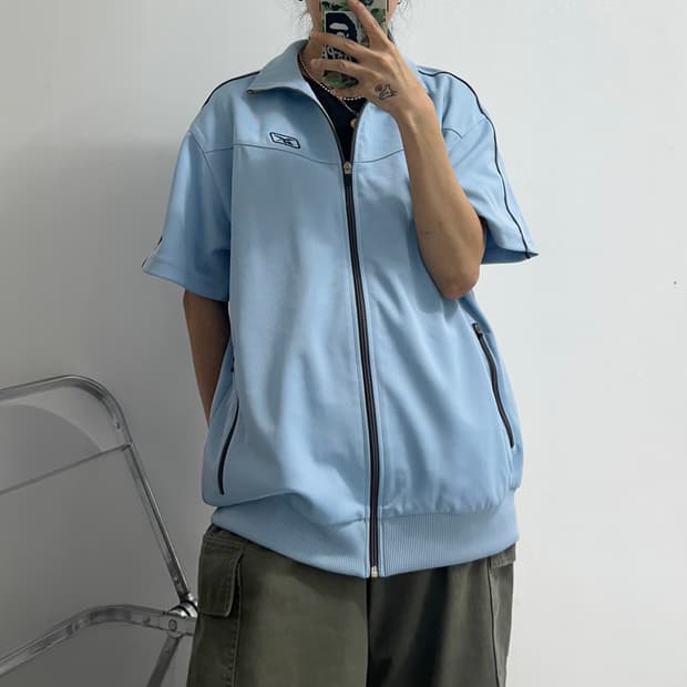 리복 하늘색 반팔 져지 트랙탑 집업