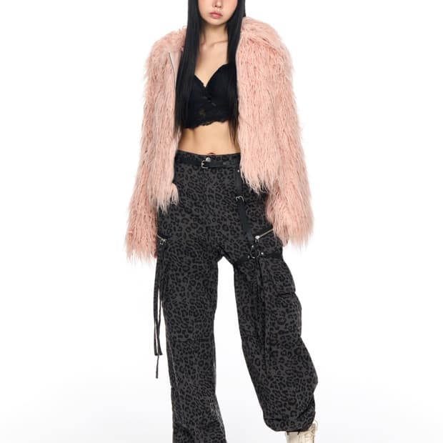 스키즘인듀싱 크롭 스파이키 폭스퍼자켓 베이비핑크 페이크시어링숏점퍼헤어리믹