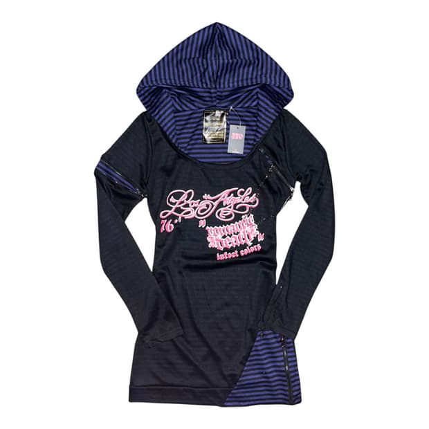 스트라이프 후드레이어드 지퍼디테일 후드 롱 긴팔티 펑크y2k