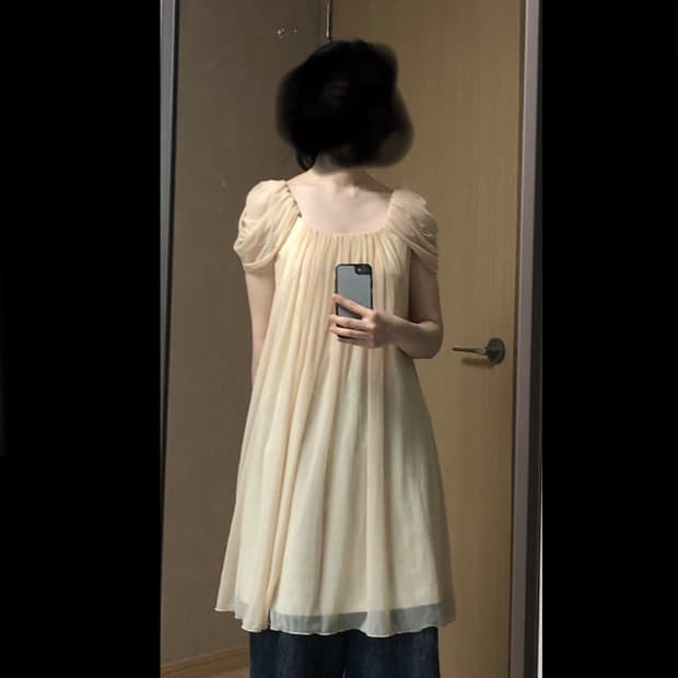 M 피치베이지 오간자 시폰 퍼프 핀턱 미디원피스 나시원피스
