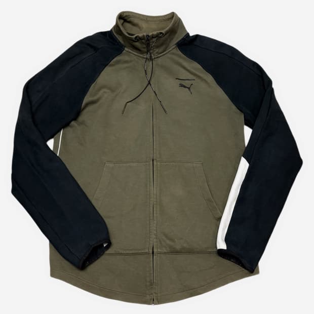 일본 빈티지 푸마 아카이브 한정 카키 워머 포인트 카라 져지 