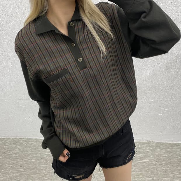 입생로랑 멀티체크 딥브라운 카라 니트 95