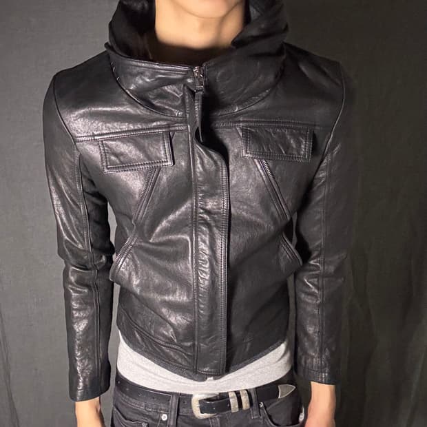 High neck lamb skin leather jacket