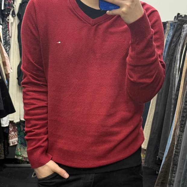 타미 힐피거 버건디 브이넥 니트 스웨터 V넥 피마 코튼 캐시미어 M 95