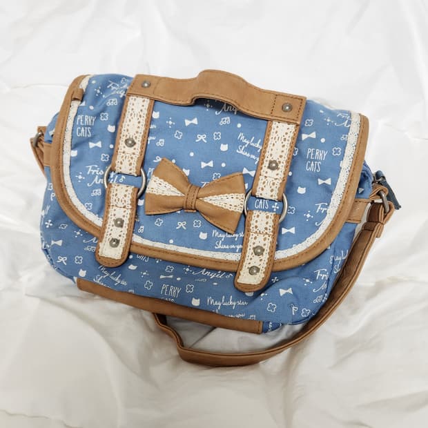 모리걸 갸루 빈티지 하늘색 고양이 도트 리본 크로스백 가방