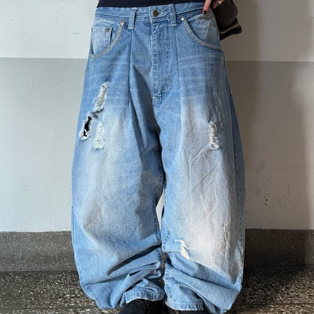 90s 올드스쿨 스크래치 라이트블루 오버 와이드 데님 팬츠