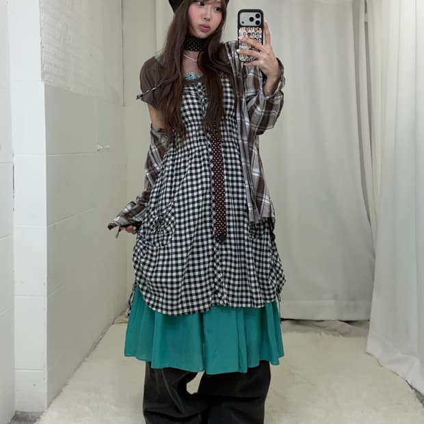 민트 초코 너드모리 하구미 체크 원피스 코디세트