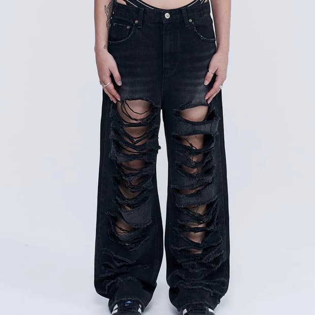 rockcake 락케이크 데미지 와이드팬츠