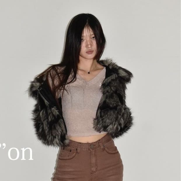 애즈온 덴버 숏 퍼자켓 블랙차콜브라운헤비믹스크롭카라버클페이크후드야상점퍼세