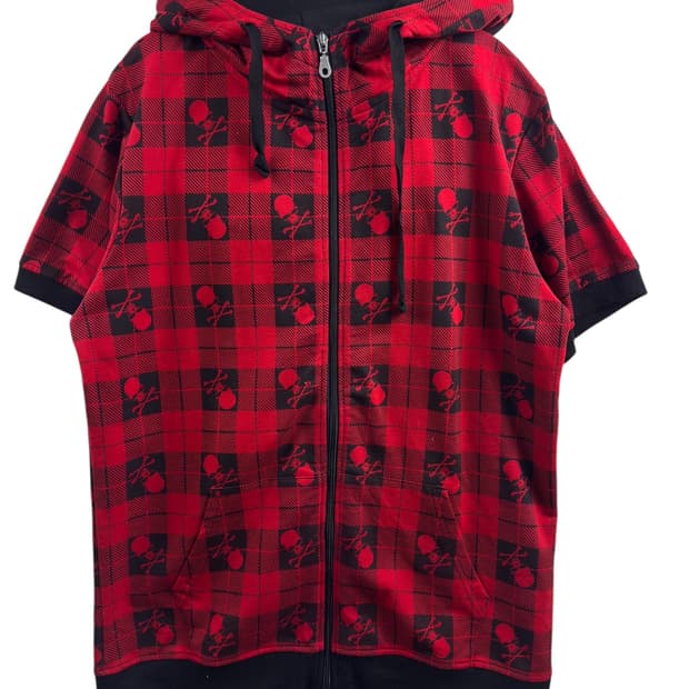 JPN 스컬 펑크 체크 반팔후드1505