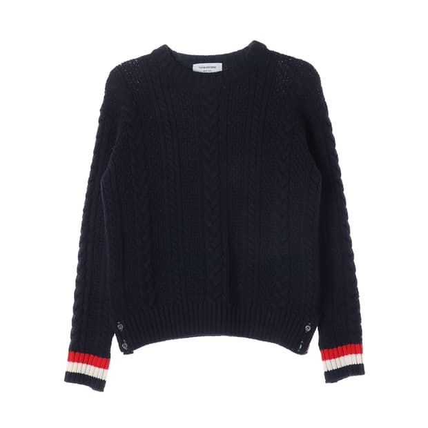 톰 브라운 삼선 아란 케이블 울 니트 스웨터