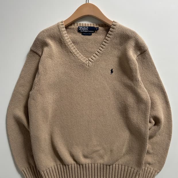 Polo 폴로 랄프로렌 딥베이지 컬러 코튼 브이넥 니트