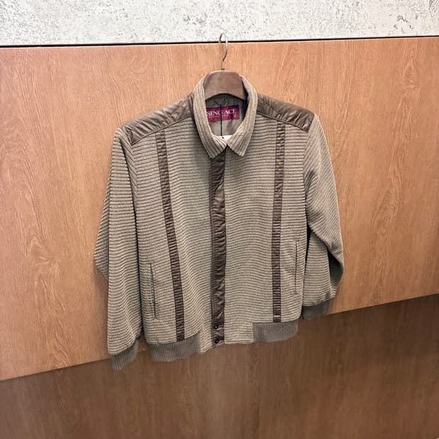 빈티지 니트 집업 패딩 스트라이프 카라넥 디테일 브라운 k527