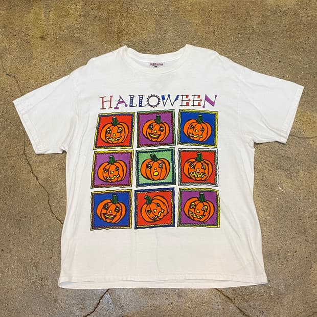 미국 빈티지 유니크 할로윈 호박 프린팅 반팔티 락티셔츠