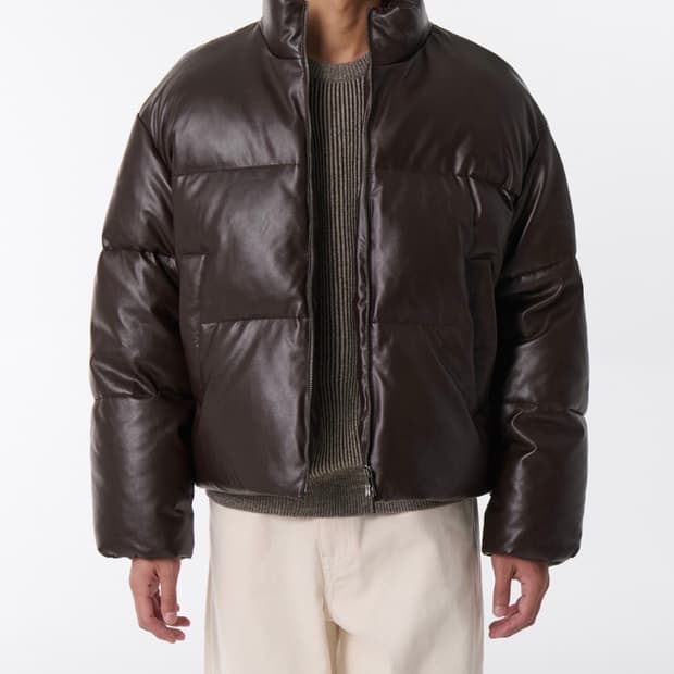 무신사 스탠다드 레더 푸퍼 숏 패딩 재킷 브라운