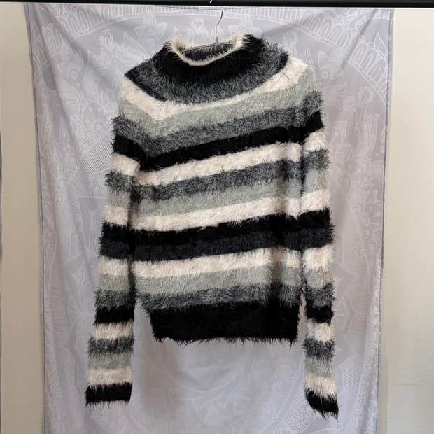 Fuzzy Multi-Stripe Mock Neck Sweater