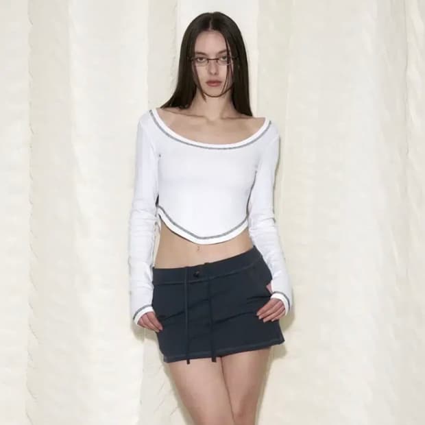 플리즈노팔로우 플노팔 뉴라벨 리브드 유라인 롱슬리브 탑 화이트