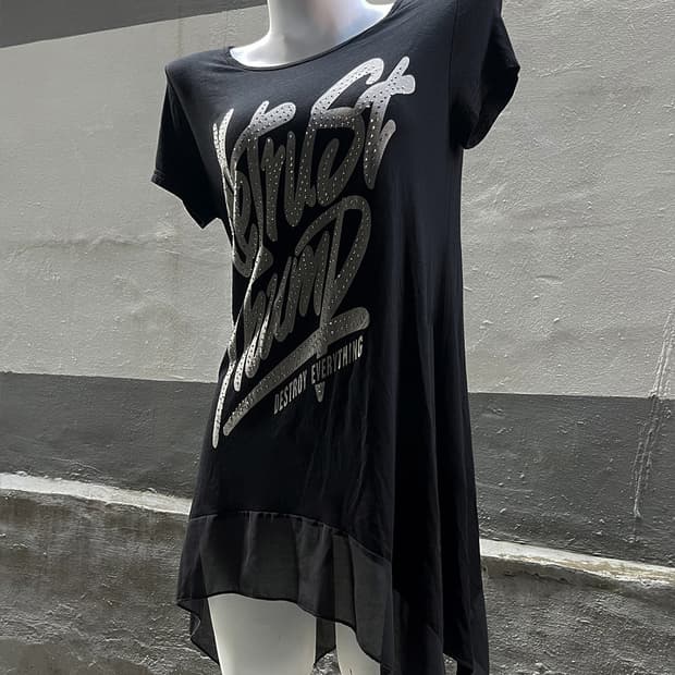 00's Rhinestone Graphic Asymmetric Tunic