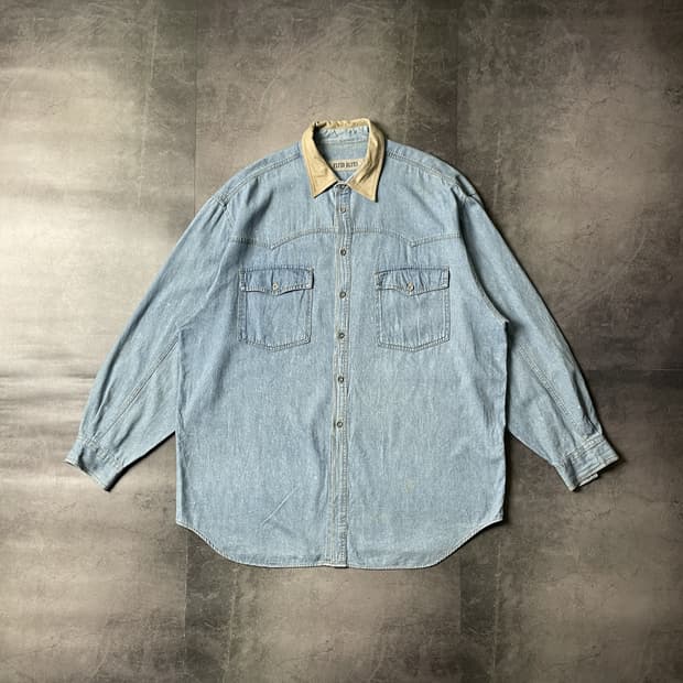 FLUID 빈티지 레더 트리밍 투톤 코튼 데님셔츠 A00417