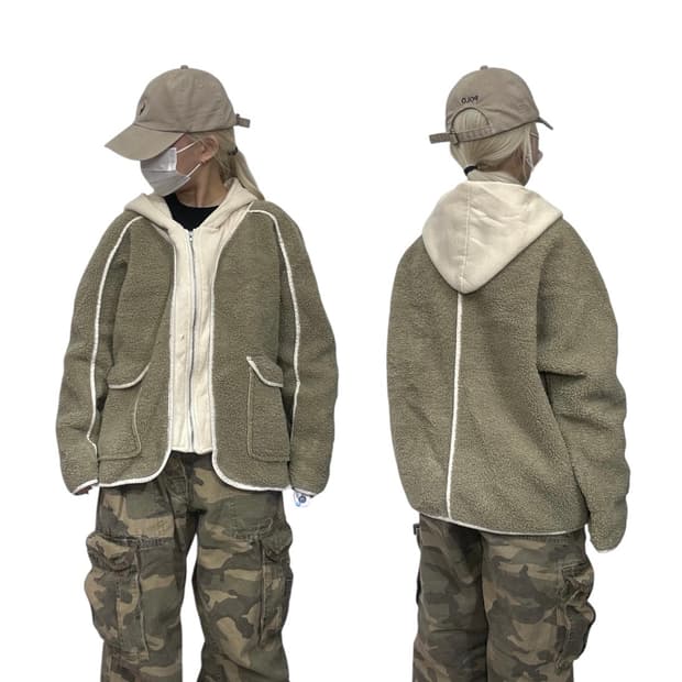 빈티지 커스텀 카키 베이지 후리스 뽀글이 후드 점퍼 F