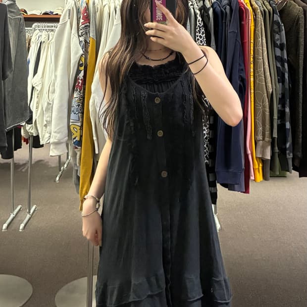 L)Japanese vintage 여성 단추 플리츠 나시 원피스