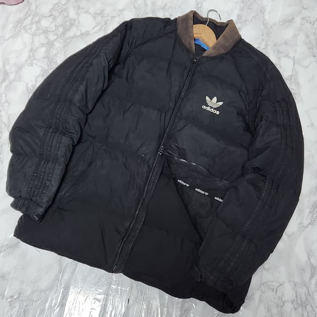 아디다스 삼선 블랙 푸퍼 패딩 자켓 브라운 카라 y2k