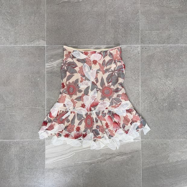 PAOLA FRANI coral floral lace silk skirt