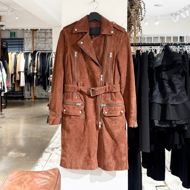 올세인츠 브릭브라운 고트 레더 스웨이드 트렌치 코트