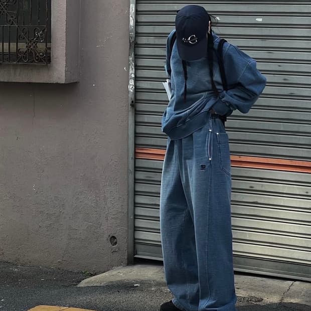 트리밍버드 데님 스웻 셋업