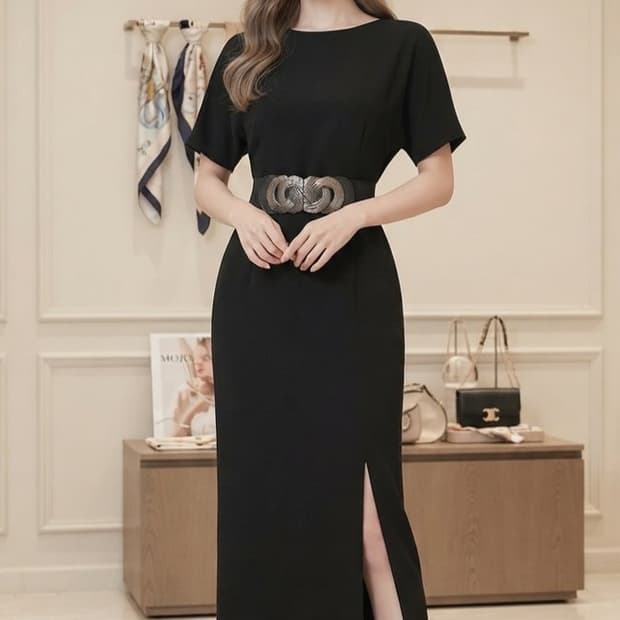 (55)모조에스핀 사이드 슬릿 벨티드 롱원피스