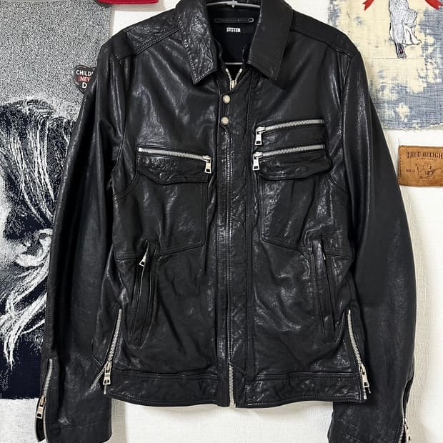 SYSTEM HOMME 멀티 지퍼 디테일 램스킨 레더 자켓