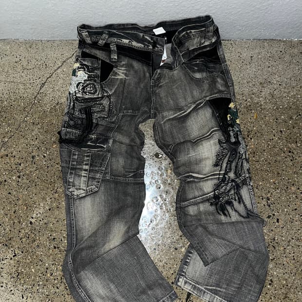 빈티지 자수 그런지 워시드 팬츠