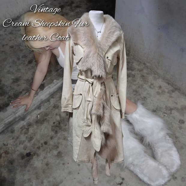 Vintage Cream Sheepskin Fur leather Coat