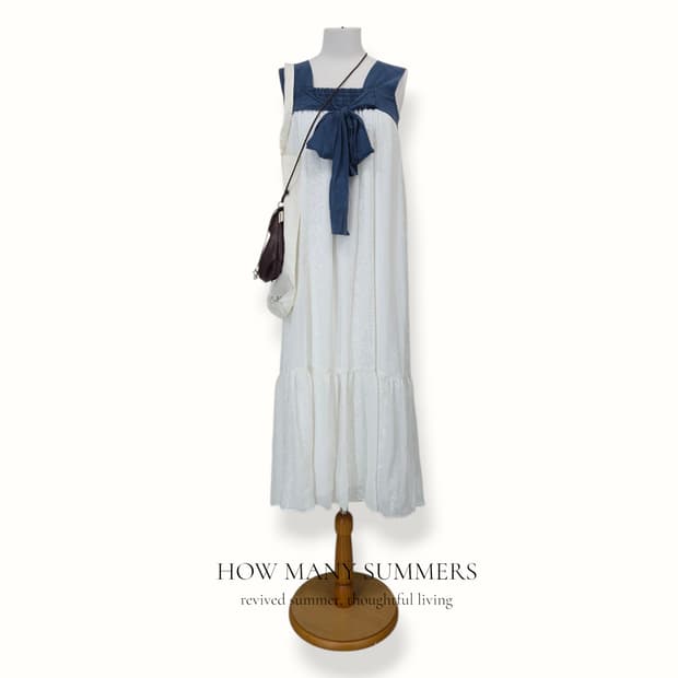 펀칭 뷔스티에 롱 원피스 네이비 배색 리본 스퀘어넥 캉캉