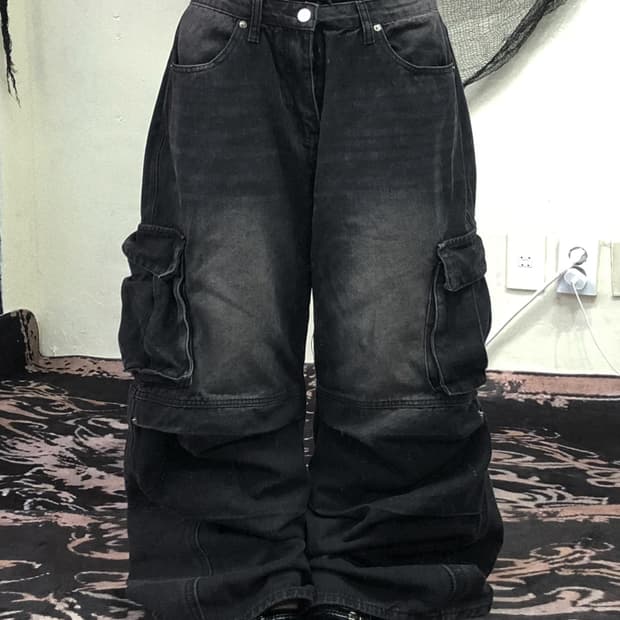 블랙 워싱 카고 포켓 데님 와이드 팬츠