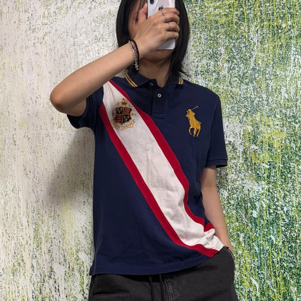 폴로 빅포니 치프키프 자수 배색 네이비 반팔 카라 티셔츠 S  
