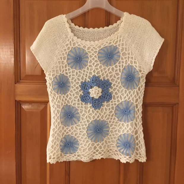 Soft Blue Flower Knit Cap Sleeve 