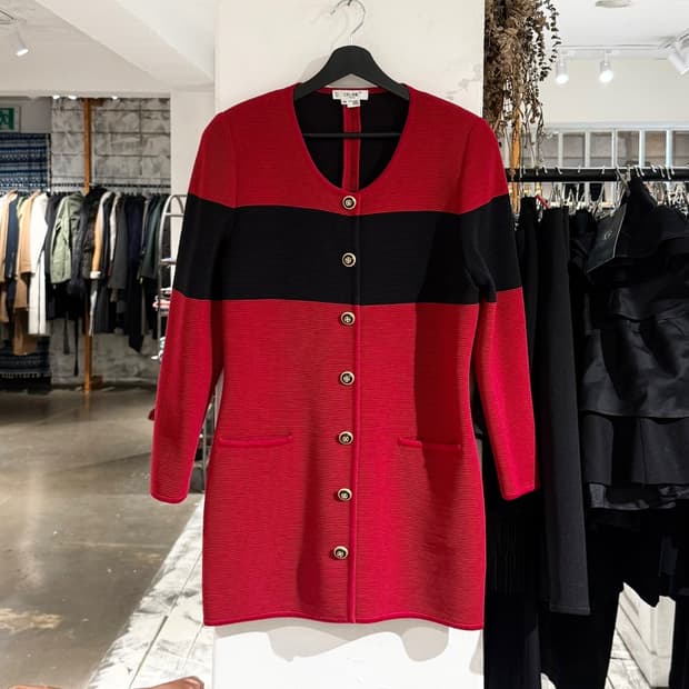 셀린느 레드 블랙 투톤 울 니트 가디건 드레스