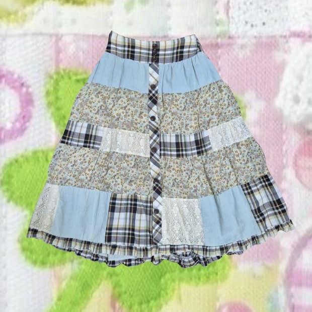 일본 빈티지 모리걸 패치워크 스커트 원피스  레이스 체크 코코모리