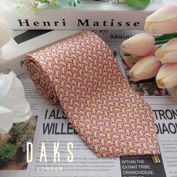 닥스 옐로우 핑크 여우 모티브 넥타이 9.2cm A+등급 K2408